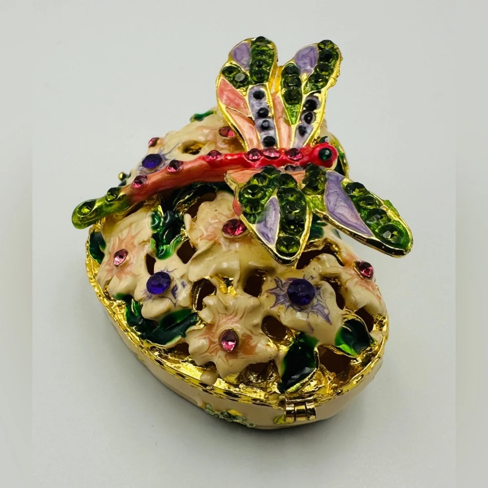 Heart Shape Floral Hinged Trinket Box With Colorful Crystal Jeweled Dragonfly